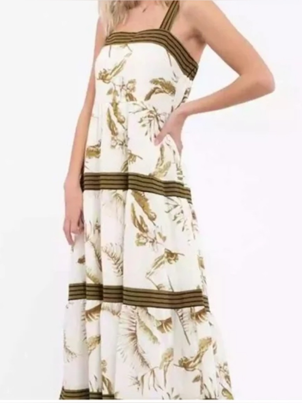 By the River Paradise Awaits Tiered Midi Dress Summer Boho Green Cream Leaf Sz M